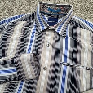 Tommy Bahama Long Sleeve Button Down Striped‎ Shirt Men's Size Medium Brown/Blue